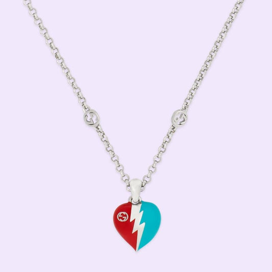 Double Gucci Interlocking Gucci Heart Lightning Charm Necklace