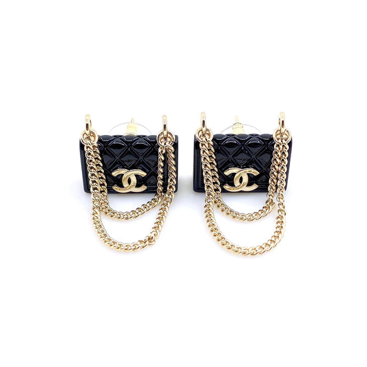 Chanel Black Bag Pendant 18K Gold Earrings