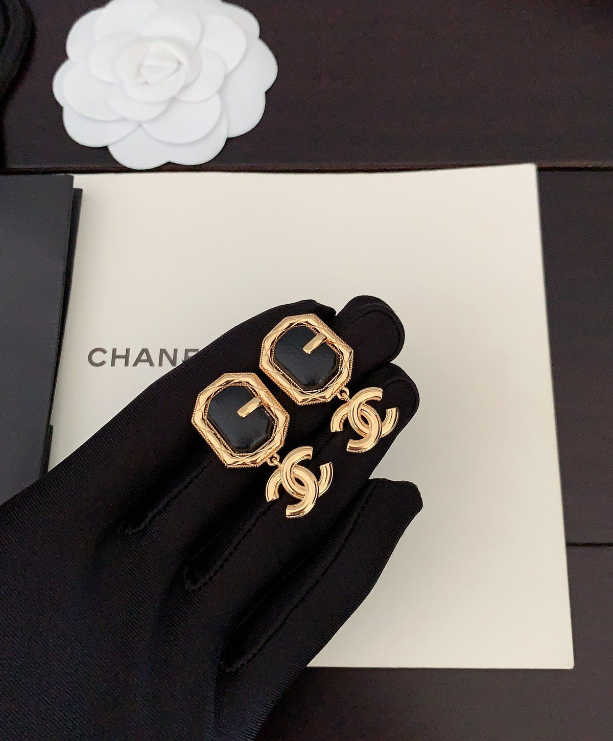 Chanel Pendant Leather 18K Gold Earrings