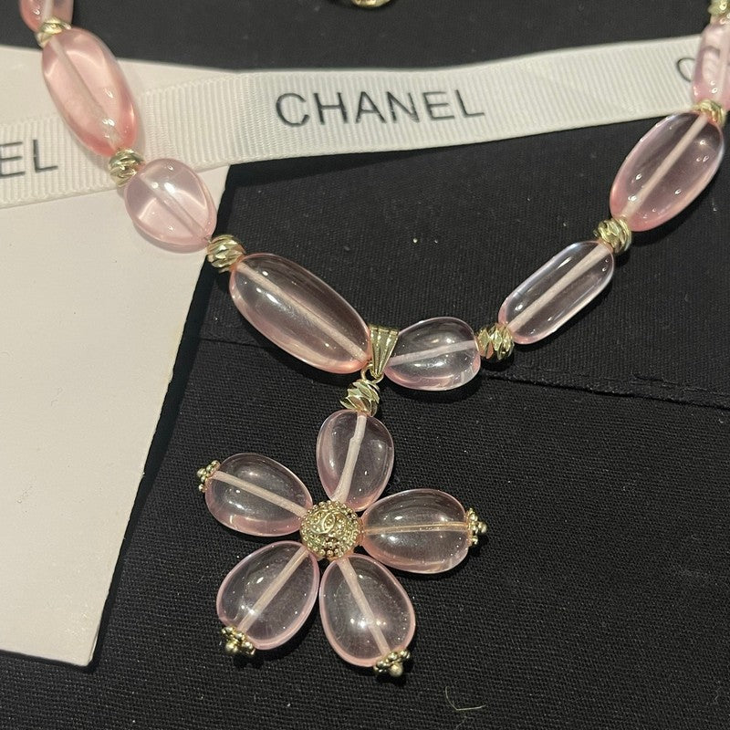 Chanel 26C Pink Crystal Flower 18K Gold Necklace