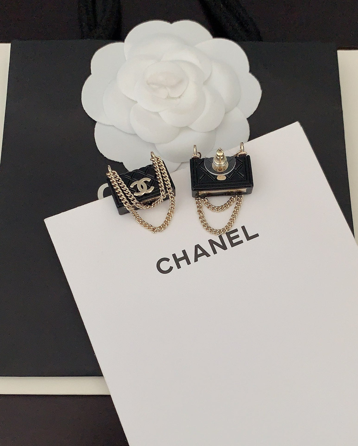 Chanel Black Bag Pendant 18K Gold Earrings